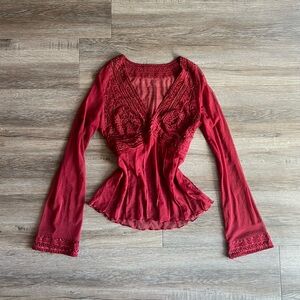 Vintage Y2K Red Long Sleeve Embroidered Beaded Blouse